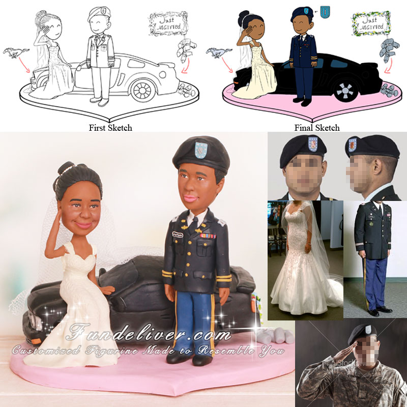 Bride Sitting on Mustang Saluting to Groom Wedding Cake Toppers